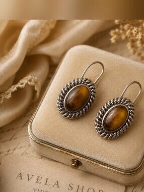 Vintage Avon Tiger's Eye Cabochon Rope Twist Drop Earrings Silver Tone Signed
